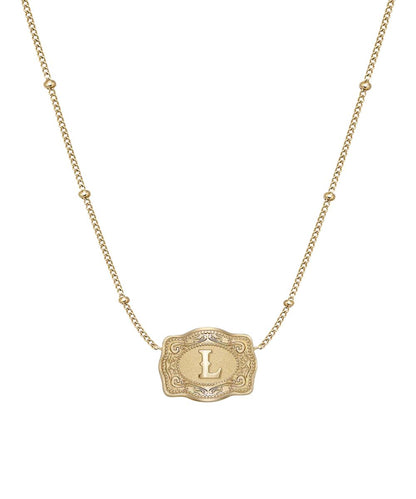 Women's Gold Necklace Featuring An Ultra Mini Belt Buckle Pendant With The "L" Initial In The Center