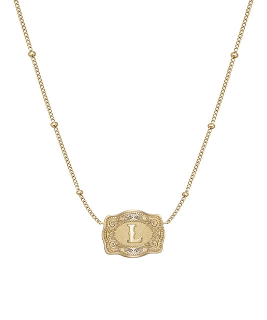 Women's Gold Necklace Featuring An Ultra Mini Belt Buckle Pendant With The "L" Initial In The Center