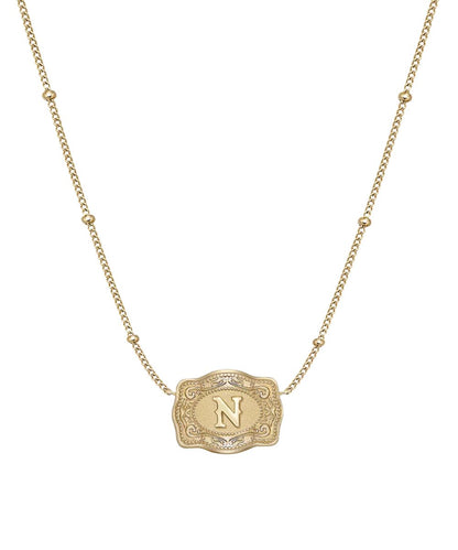 Women's Gold Ultra Mini Belt Buckle Necklace Featuring The "N" Initial In The Center
