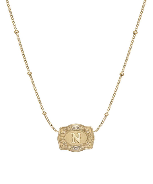 Women's Gold Ultra Mini Belt Buckle Necklace Featuring The "N" Initial In The Center