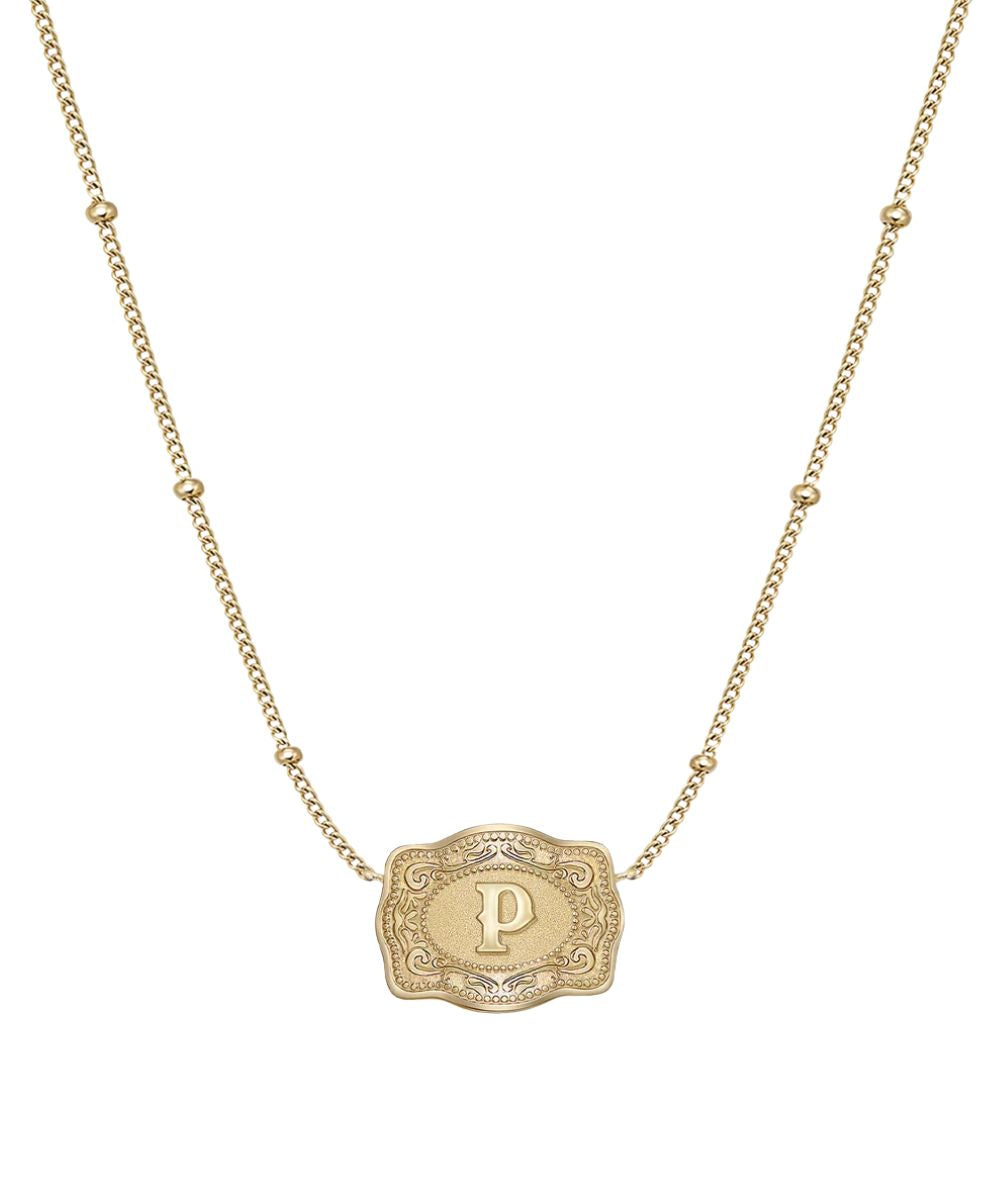 Women's Gold Ultra Mini Belt Buckle Necklace Featuring The "P" Initial In The Center