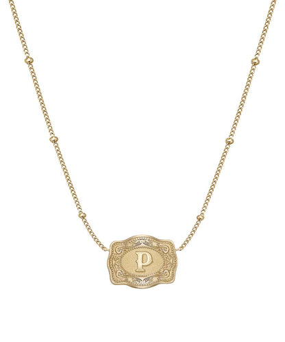 Women's Gold Ultra Mini Belt Buckle Necklace Featuring The "P" Initial In The Center
