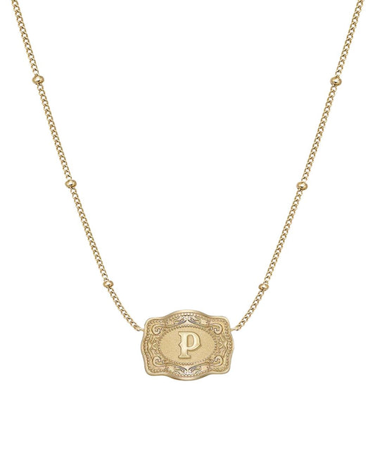 Women's Gold Ultra Mini Belt Buckle Necklace Featuring The "P" Initial In The Center