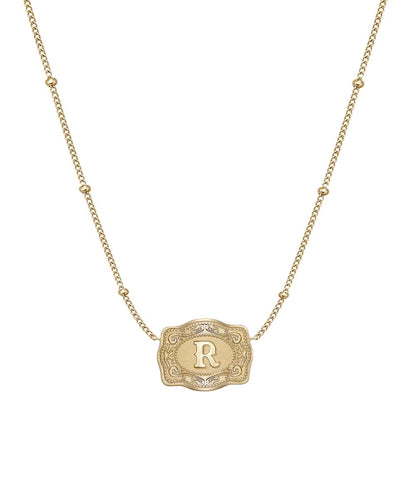 Women's Gold Ultra Mini Belt Buckle Necklace With "R" Initial In The Center