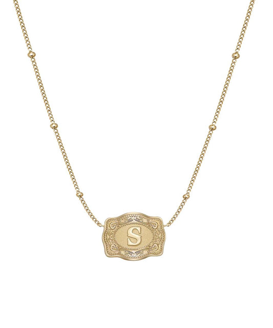 Women's Gold Necklace With An Ultra Mini Belt Buckle Pendant Featuring The "S" Initial In The Center