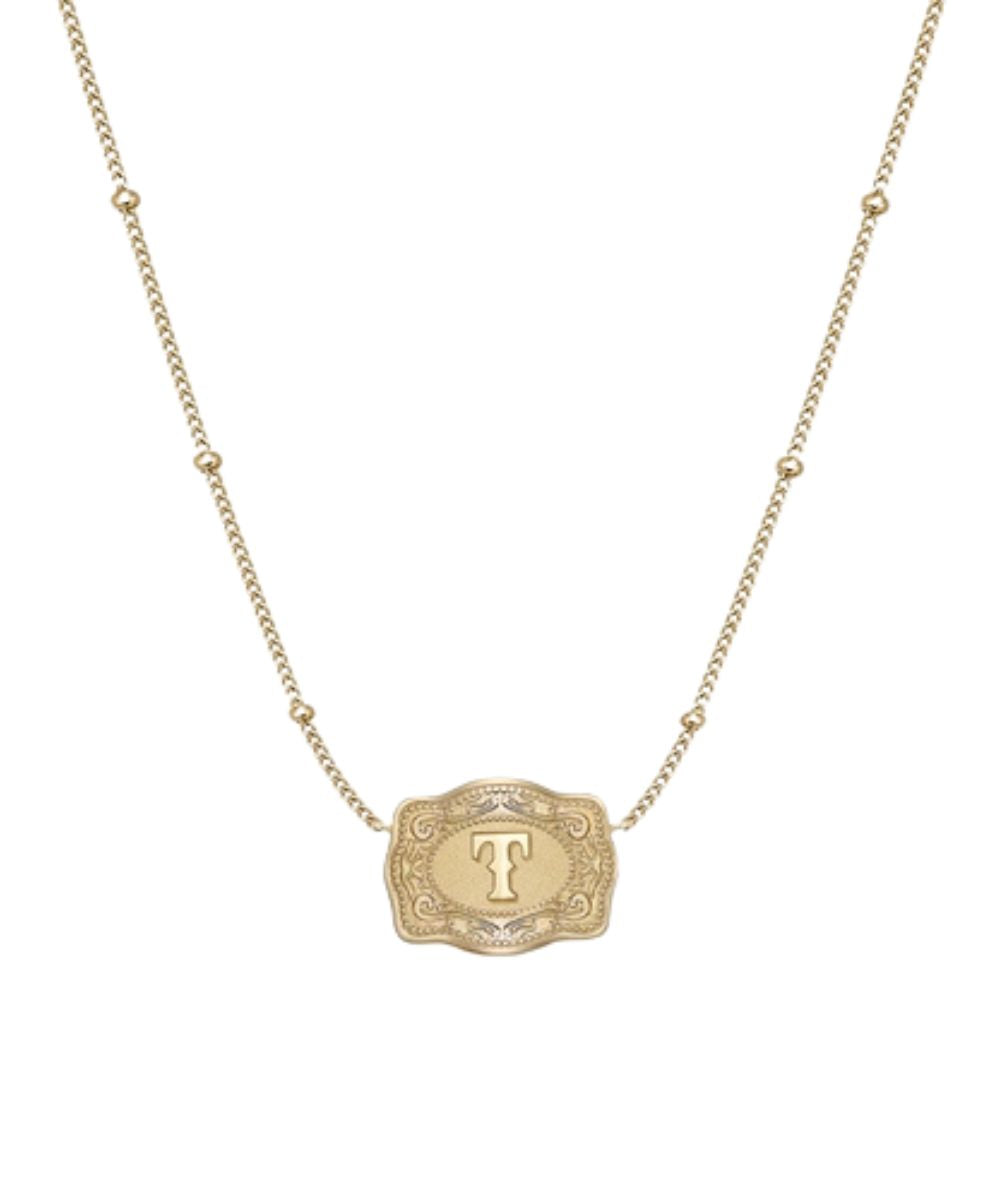 Women's Gold Necklace With Ultra Mini Belt Buckle Pendant Featuring The "T" Initial