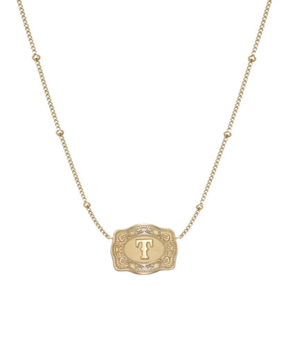 Women's Gold Necklace With Ultra Mini Belt Buckle Pendant Featuring The "T" Initial
