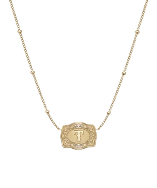 Women's Gold Necklace With Ultra Mini Belt Buckle Pendant Featuring The "T" Initial