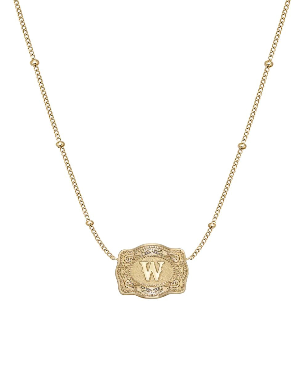 Women's Gold Necklace Featuring An Ultra Mini Belt Buckle Pendant With "W" Initial In The Center