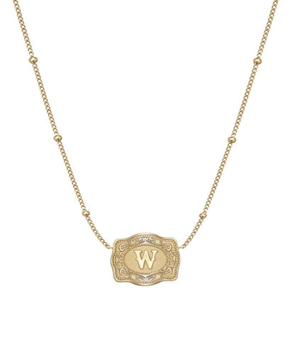 Women's Gold Necklace Featuring An Ultra Mini Belt Buckle Pendant With "W" Initial In The Center