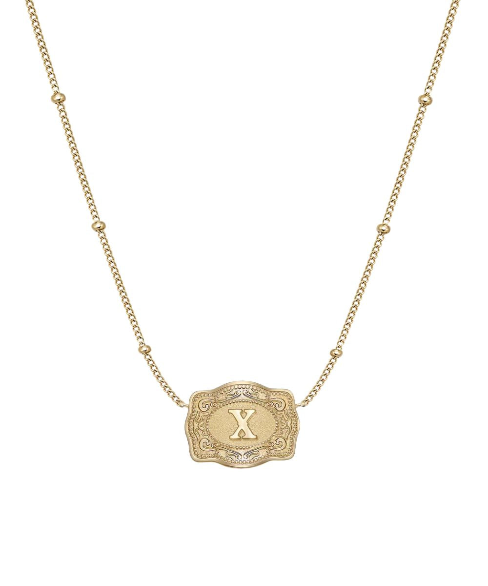 Women's Gold Necklace Featuring An Ultra Mini Belt Buckle Pendant With A "X" Initial In The Center