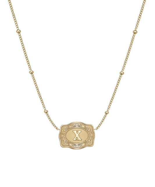 Women's Gold Necklace Featuring An Ultra Mini Belt Buckle Pendant With A "X" Initial In The Center