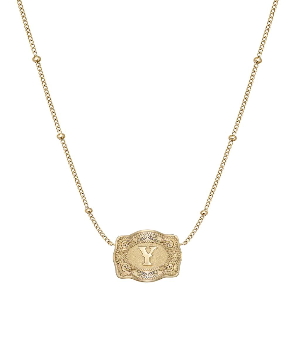 Women's Gold Necklace Featuring A Mini Belt Buckle Pendant With A "Y" Initial In The Center