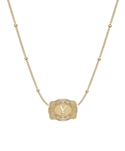 Women's Gold Necklace Featuring A Mini Belt Buckle Pendant With A "Y" Initial In The Center