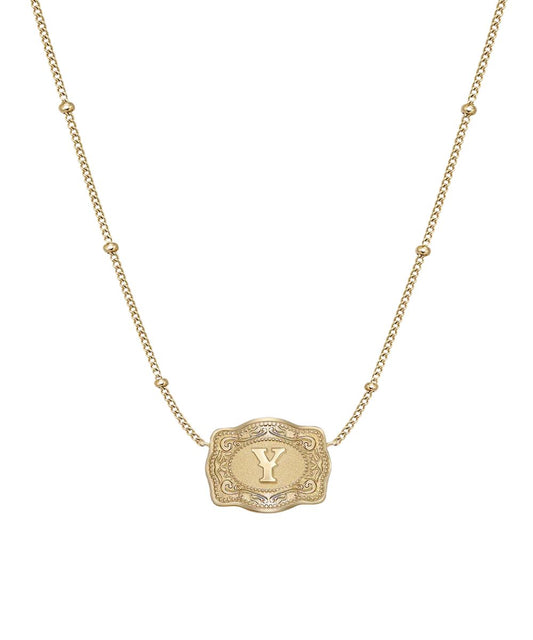 Women's Gold Necklace Featuring A Mini Belt Buckle Pendant With A "Y" Initial In The Center