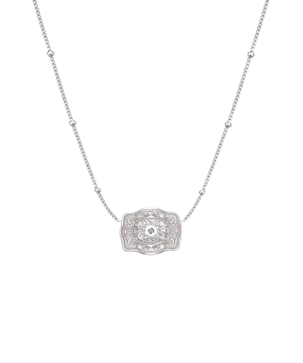 Front flat view of the women's SpurWest Ultra Mini Belt Buckle Necklace featuring the silver amelia rose design in the center