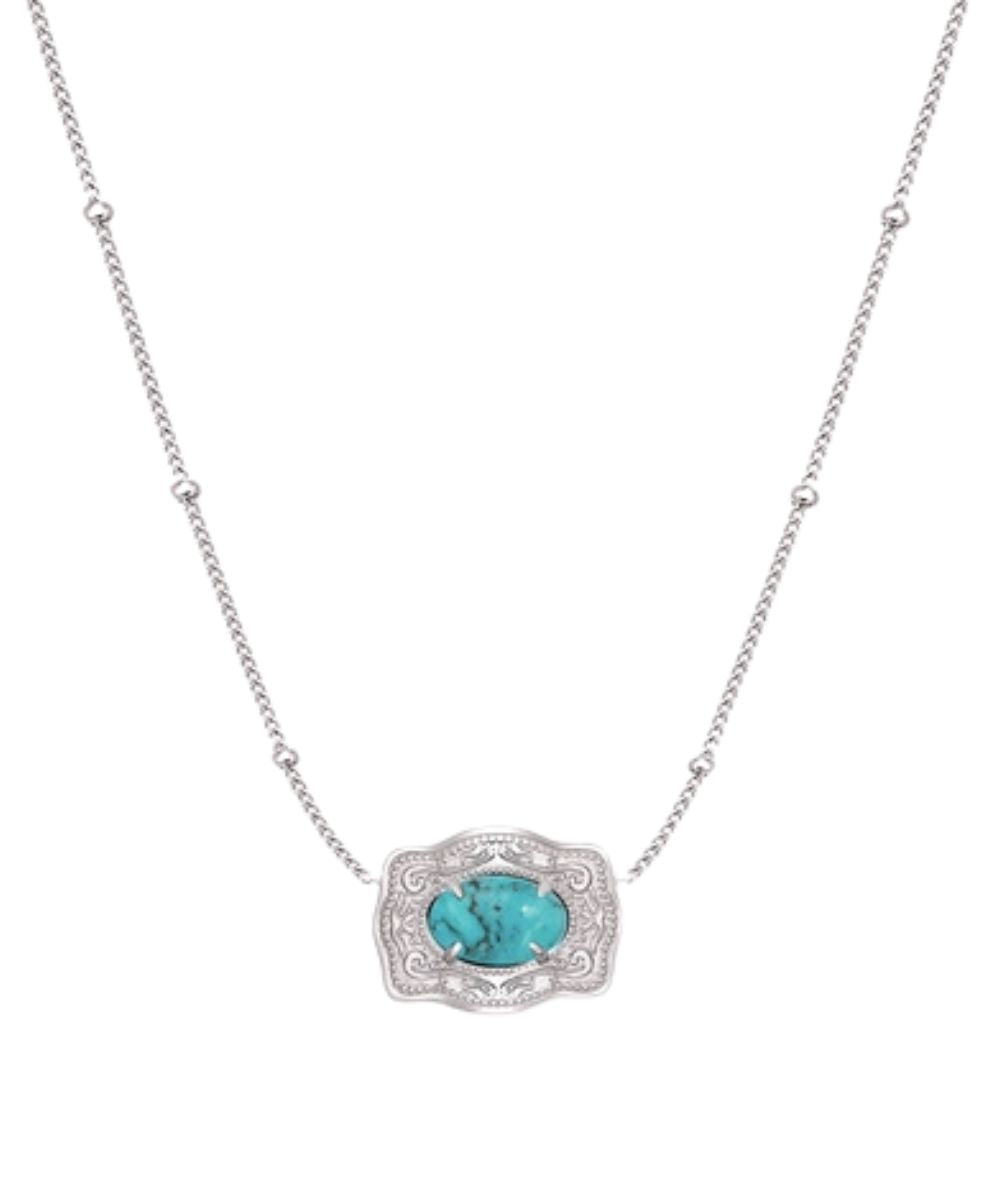 Women's Silver Mini Belt Buckle Style Necklace With Turquoise Centered Stone