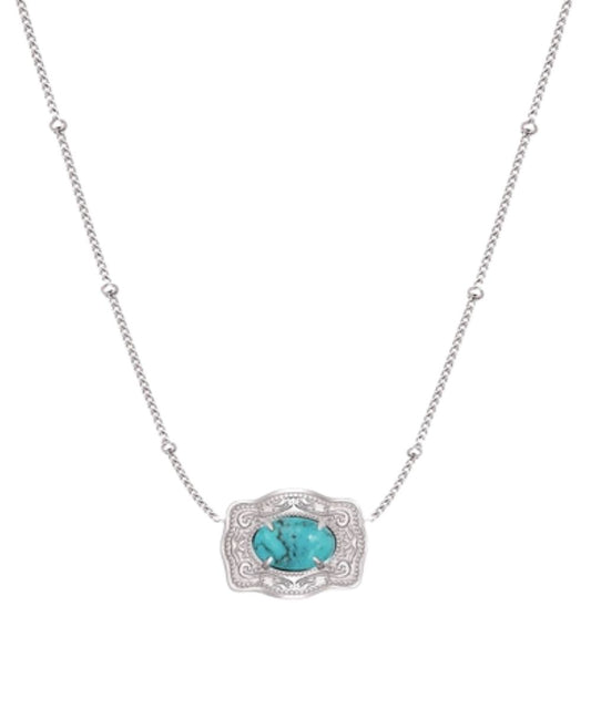 Women's Silver Mini Belt Buckle Style Necklace With Turquoise Centered Stone