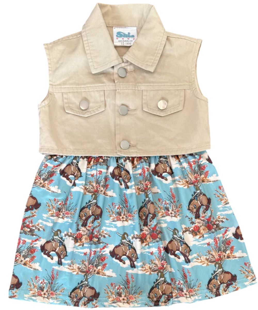 Girl's Tan Sleeveless Denim Vest With A Spread Collar And Button Closure With Dress Included