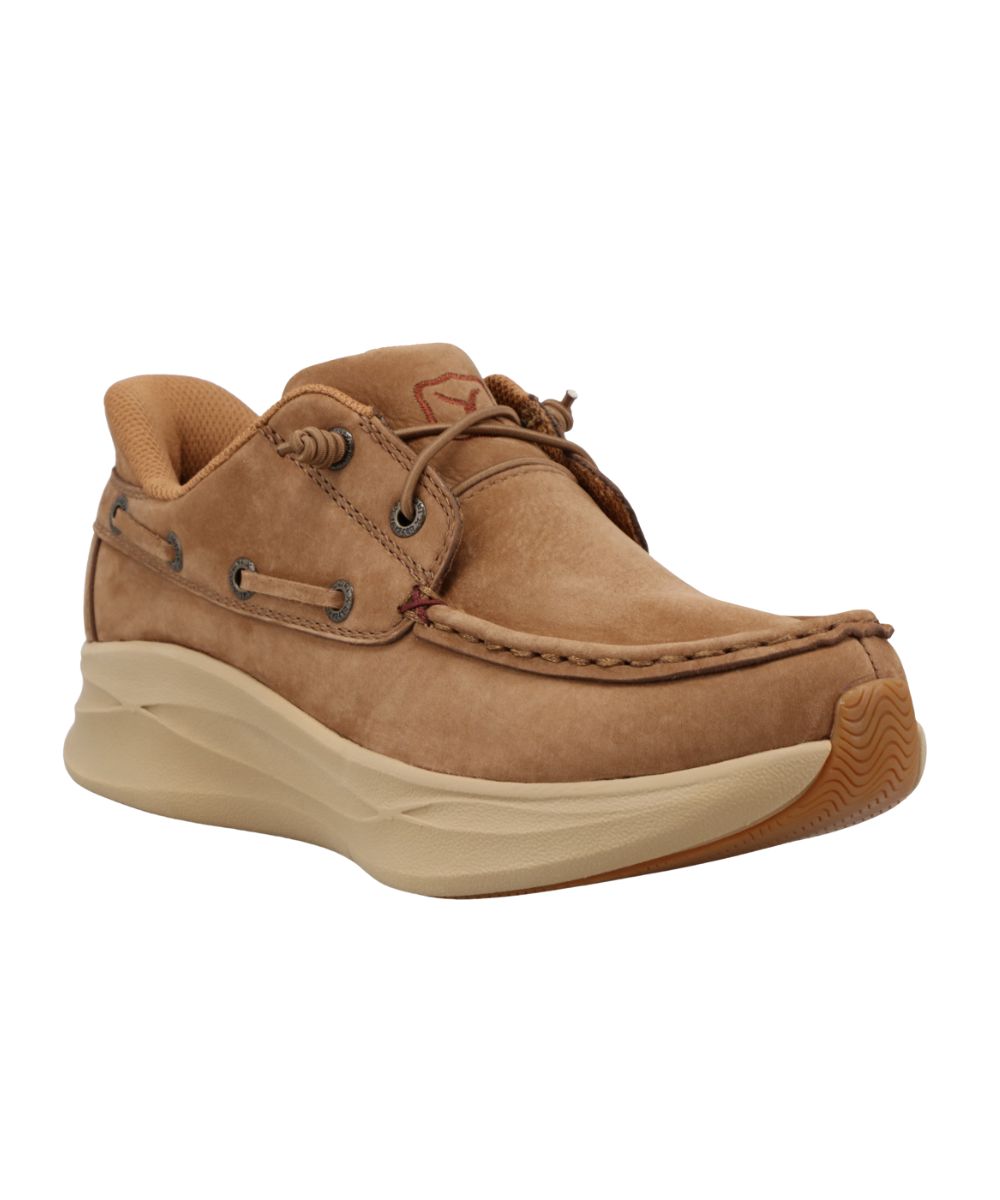 Right angled view of the women's camel leather casual shoe featuring the ez elastic lace slip on entry