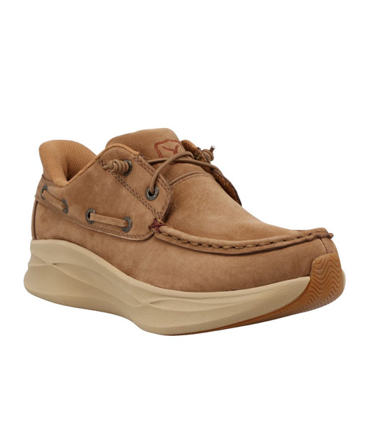 Right angled view of the women's camel leather casual shoe featuring the ez elastic lace slip on entry