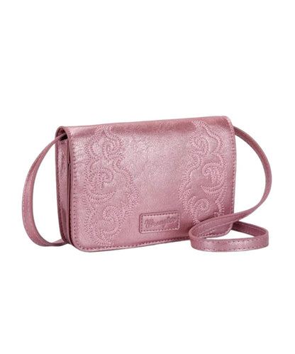 Front view of the women's metallic pink Wrangler Crossbody Bag featuring the western embroidered design and Wrangler logo patch on the front