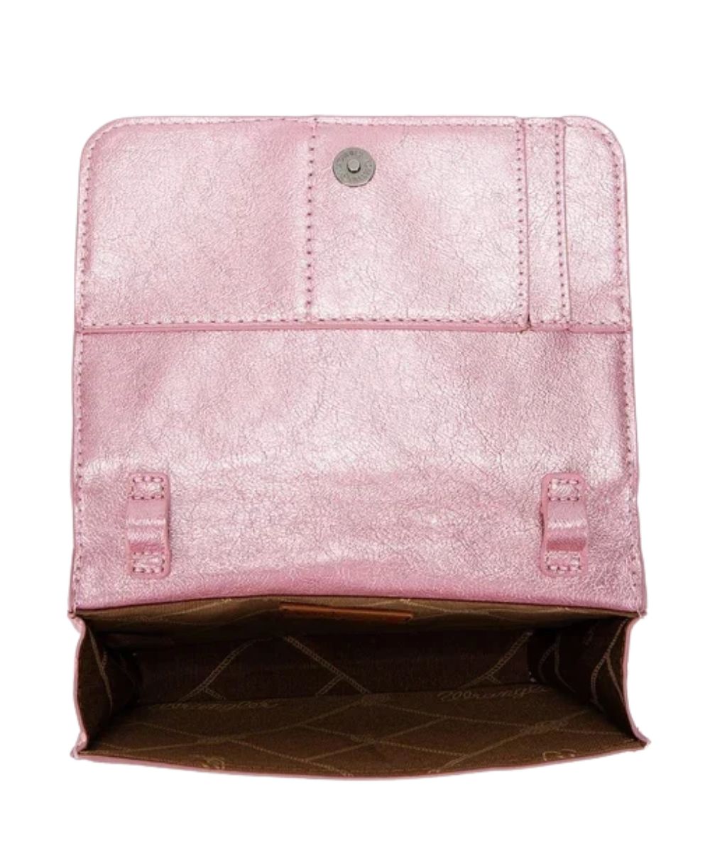 Interior view of the women's metallic pink purse featuring the single interior compartment and the card slots built-in under the magnetic button flap closure