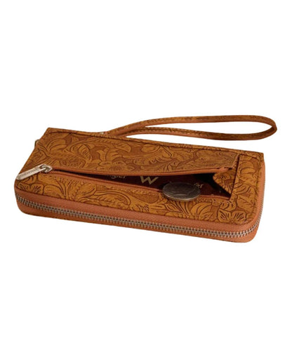 Back view of the women's brown floral tooled wallet featuring the zipper pocket on the back and the zip-around closure