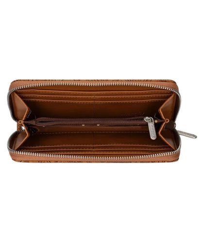 Interior view of the women's brown floral zip-around wristlet wallet featuring the RFID blocking technology, 8 card slots, zipper coin pocket, 2 bill slots, and 2 cash compartments