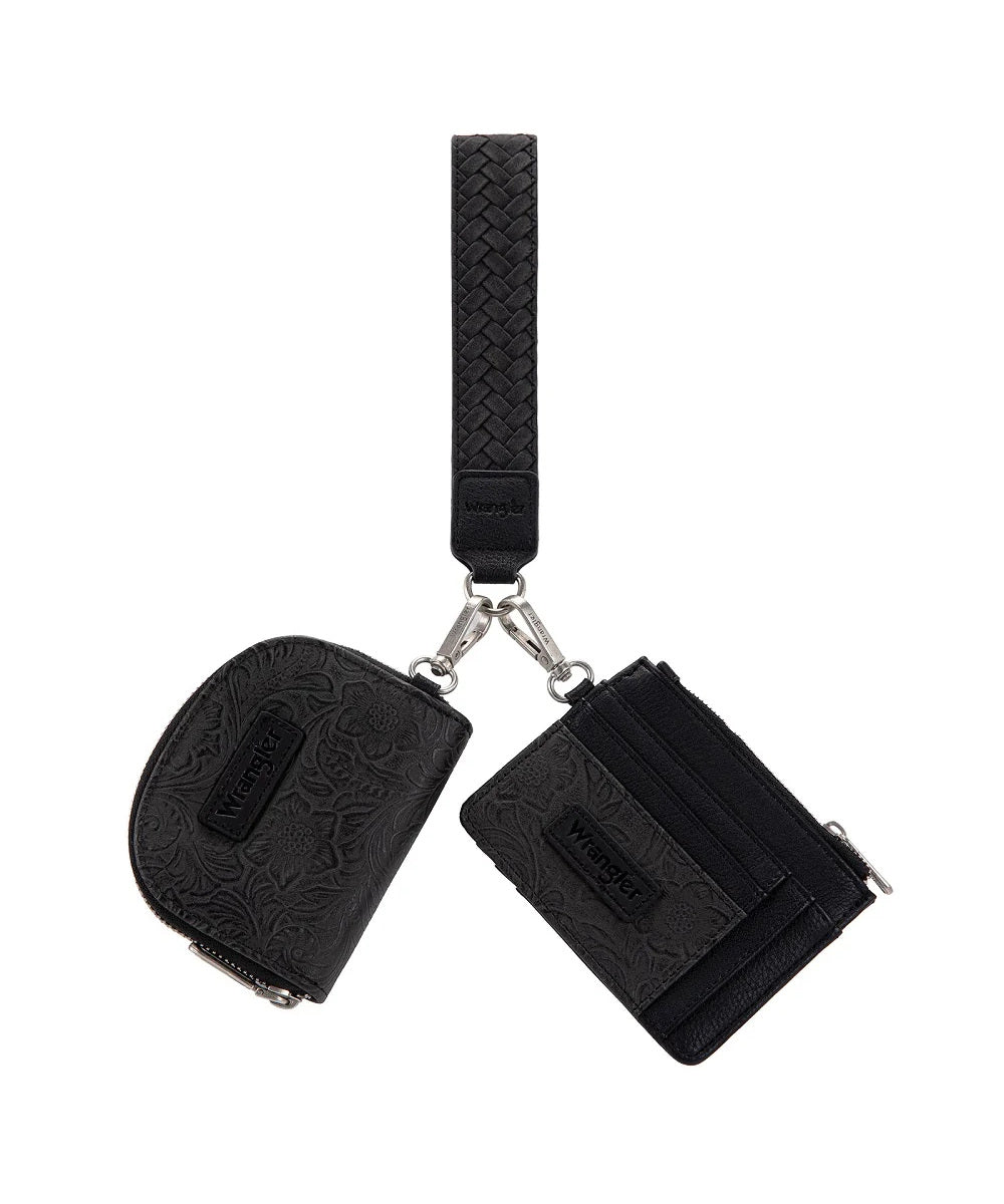 Montana West Wrangler Black Floral Tooled 2-Piece Wallet Set With Braided Wrist Strap