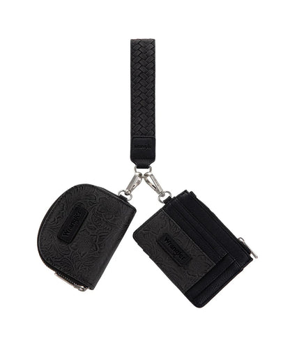 Montana West Wrangler Black Floral Tooled 2-Piece Wallet Set With Braided Wrist Strap