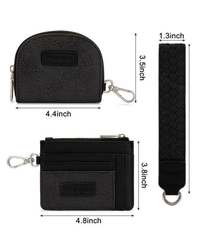 Montana West Wrangler Black 2-Piece Wallet Set Showing Wallet And Wrist Strap Dimensions