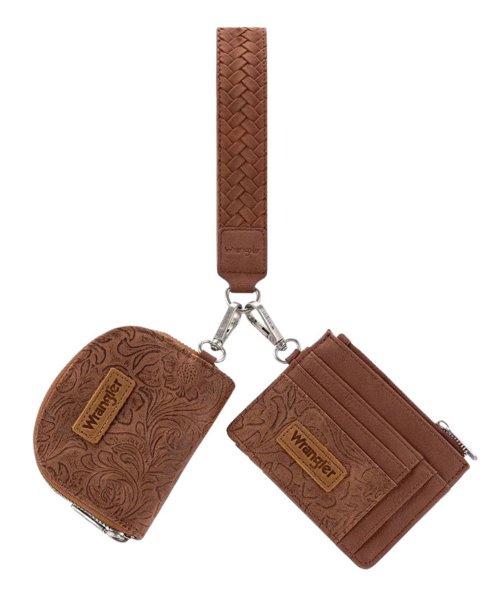 Front view of the women's brown floral tooled faux leather 2-piece wallet set that includes a coin purse and card holder with removable wristlet strap