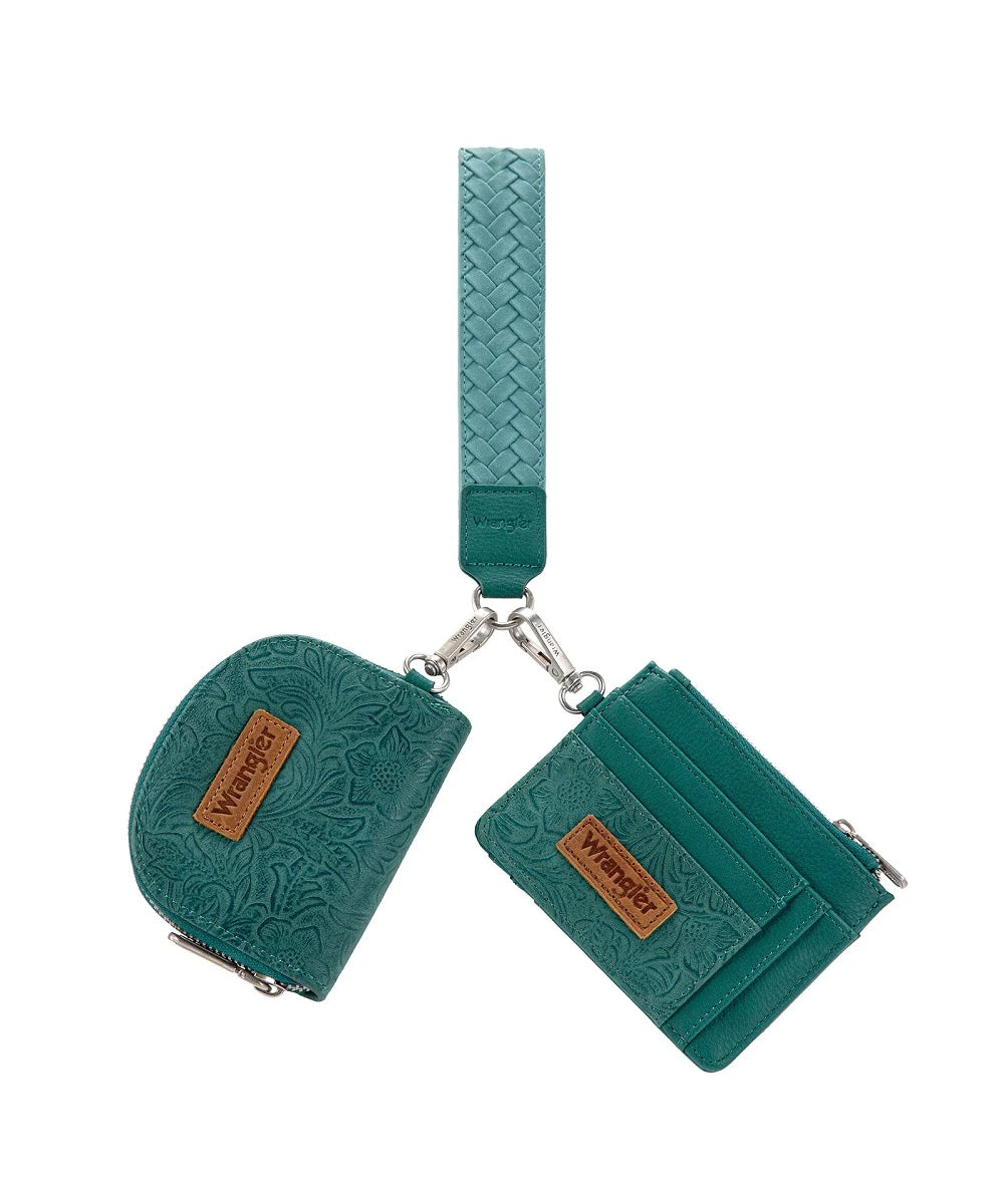 Montana West Wrangler Green Floral Tooled 2-Piece Wallet Set With Braided Wrist Strap