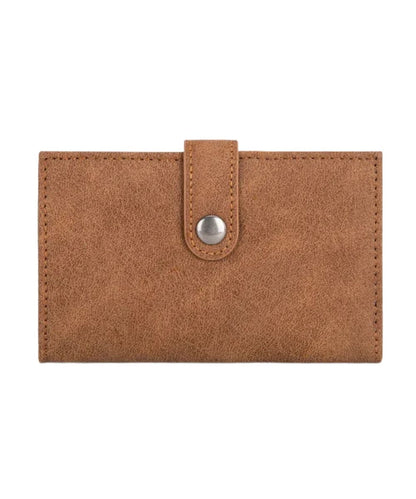 Back view of the women's brown faux leather bifold wallet featuring the button closure