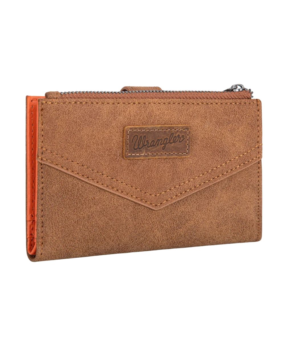 Front view of the women's brown faux leather Wrangler wallet featuring the logo patch on the front