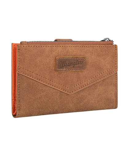 Front view of the women's brown faux leather Wrangler wallet featuring the logo patch on the front
