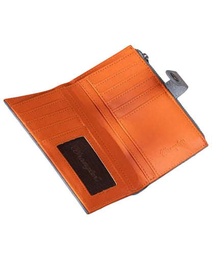 Interior view of the women's brown faux leather bifold wallet featuring the orange interior with 8 card slots, 1 ID slot, and 4 open compartments
