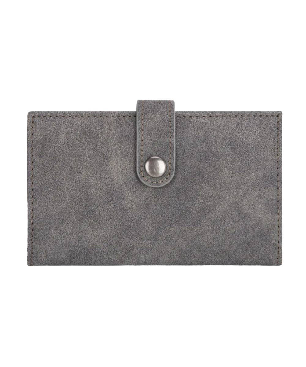 Back view of the women's grey faux leather wallet featuring the button closure