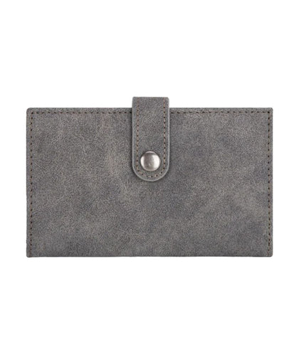 Back view of the women's grey faux leather wallet featuring the button closure