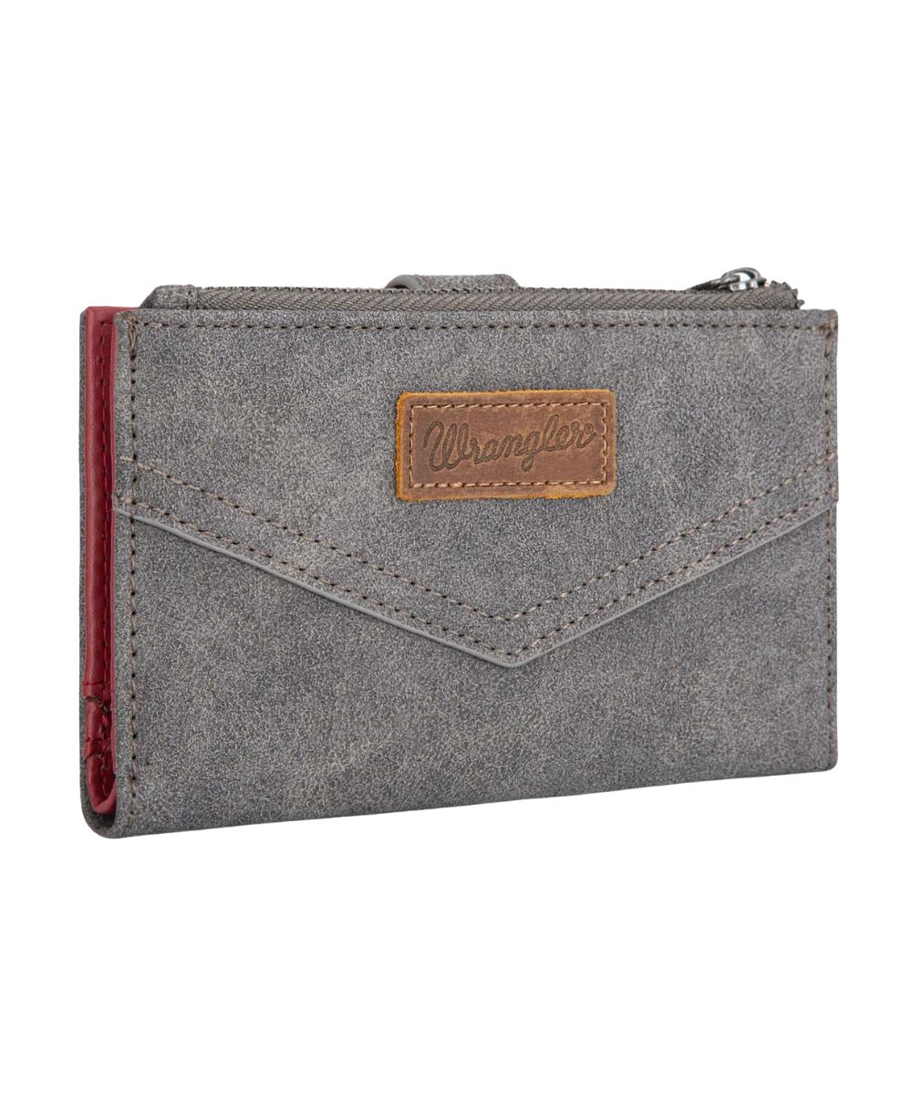 Front view of the women's grey Wrangler faux leather wallet featuring the bifold closure, and the Wrangler logo patch on the front 