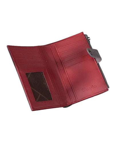 Interior view featuring the red lining, 8 card slots, bill compartment, 4 open compartments, ID slot, and a zipper coin pocket 