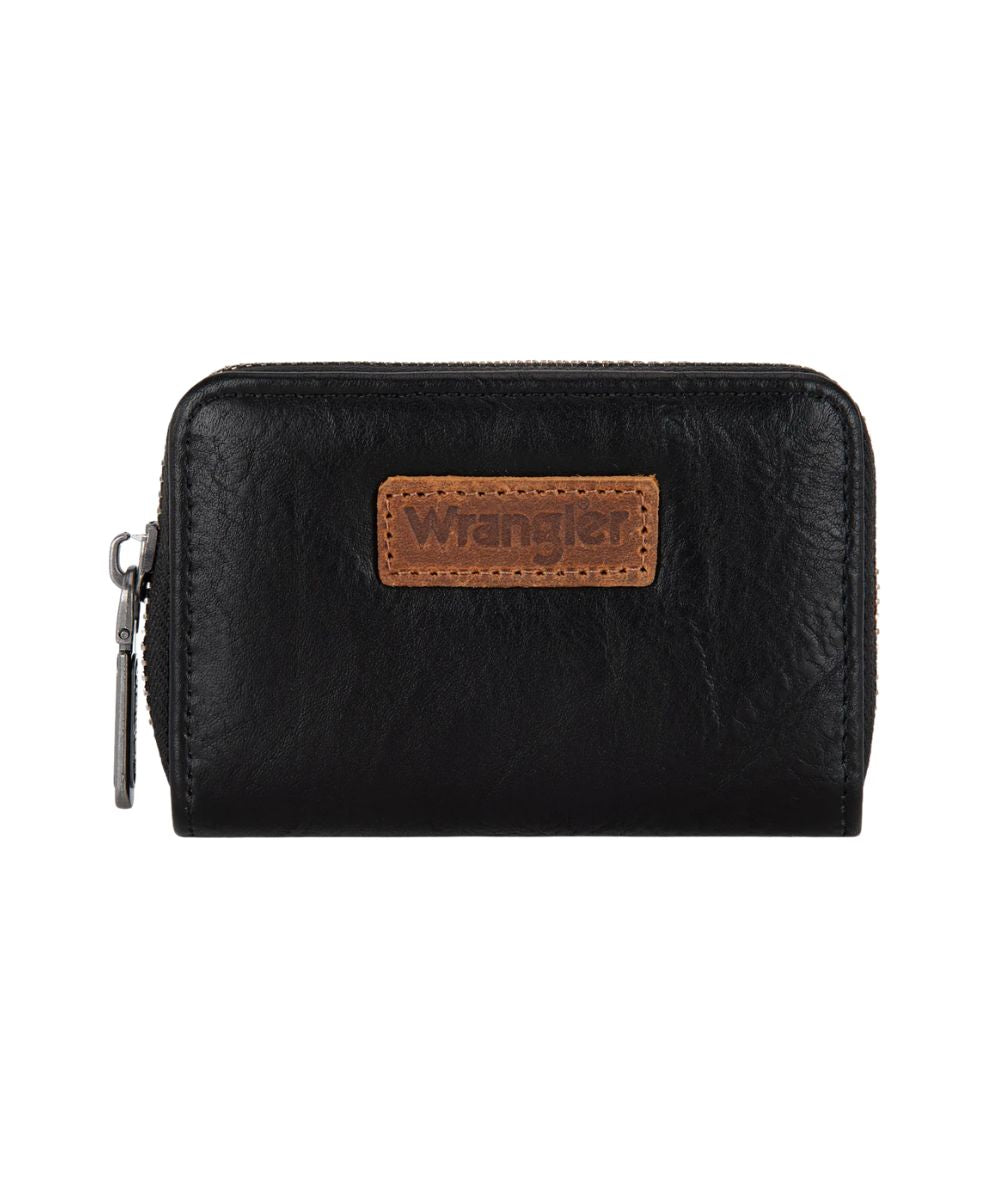 Front view of the women's black faux leather Montana West Wrangler small card case wallet featuring the zip closure and RFID protection
