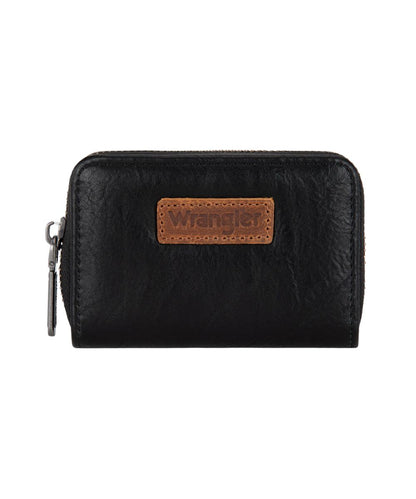 Front view of the women's black faux leather Montana West Wrangler small card case wallet featuring the zip closure and RFID protection
