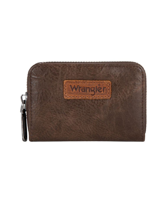 Front view of the women's faux leather coffee brown Montana West Wrangler small card holder wallet featuring the zip closure and RFID protection