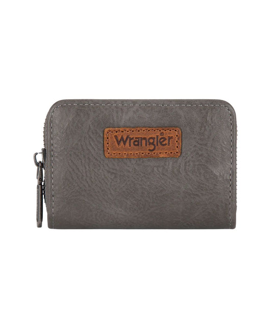 Front view of the women's grey faux leather Montana West Wrangler small card holder wallet featuring the RFID protection and zip closure