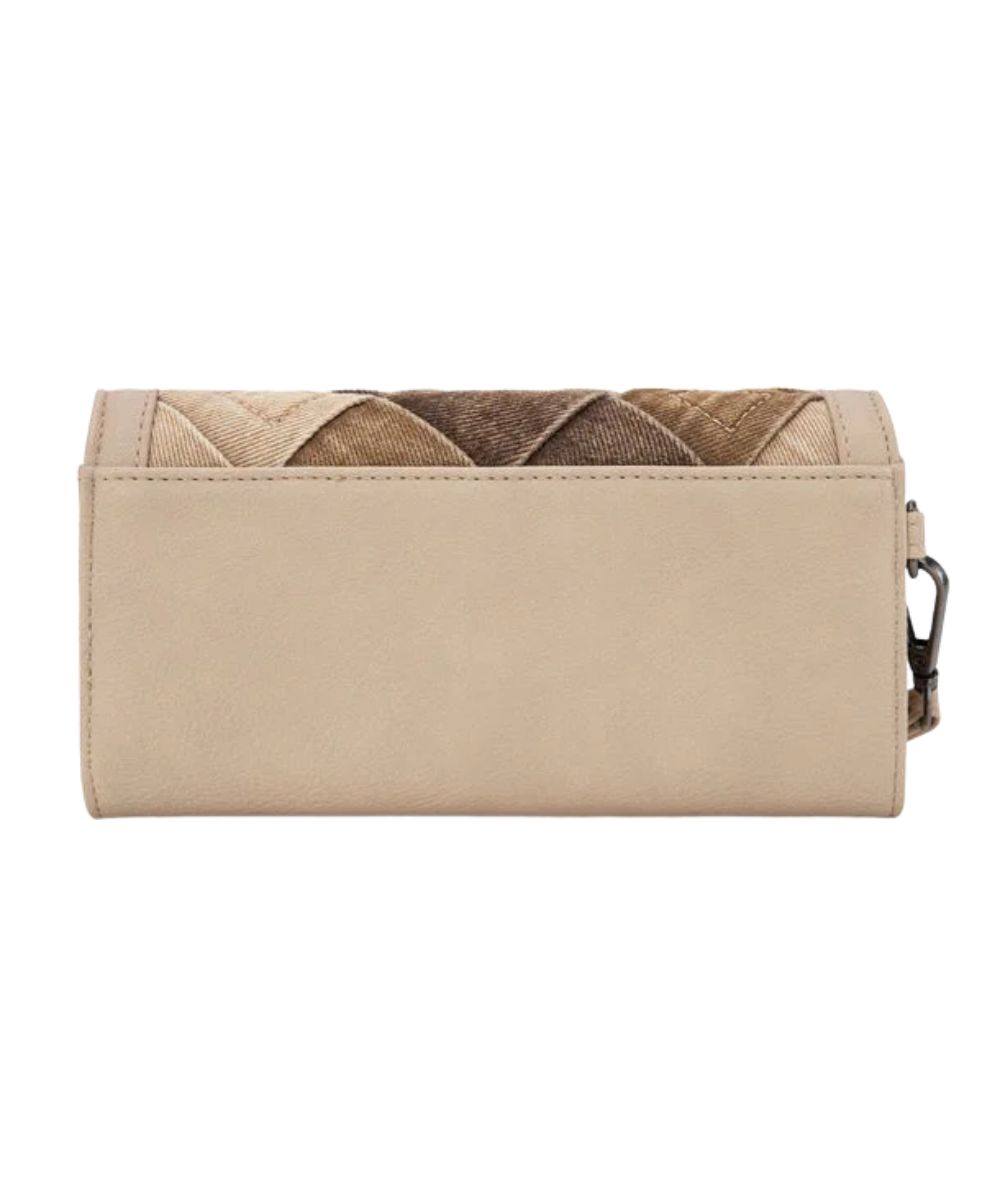 Back view of the women's tan faux leather trifold wallet