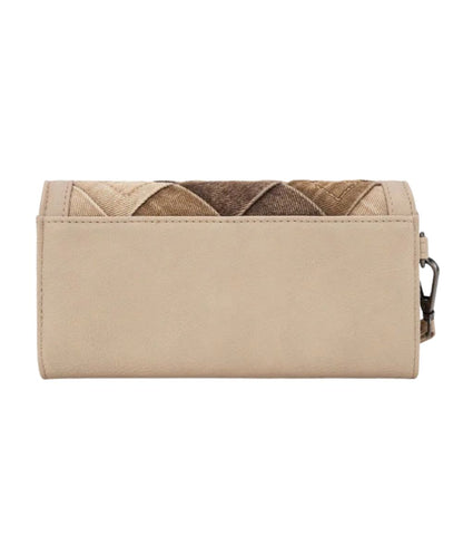 Back view of the women's tan faux leather trifold wallet