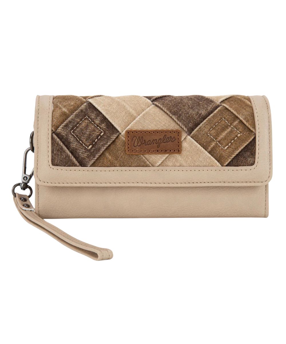 Front view of the women's tan faux leather Wrangler Tri-Fold Wallet featuring the woven denim pattern and Wrangler logo patch on the front flap, button closure, and a removable wristlet strap