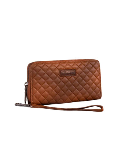 brown quilted wristlet wallet
